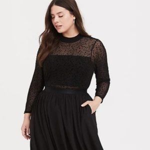 Black Mesh Flocked Star Mock Neck Midi Dress